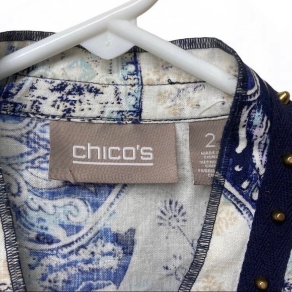 Chicos Cream & Blue Paisley Open Front Stud Lightweight Blazer Size 2 Large - Picture 5 of 6